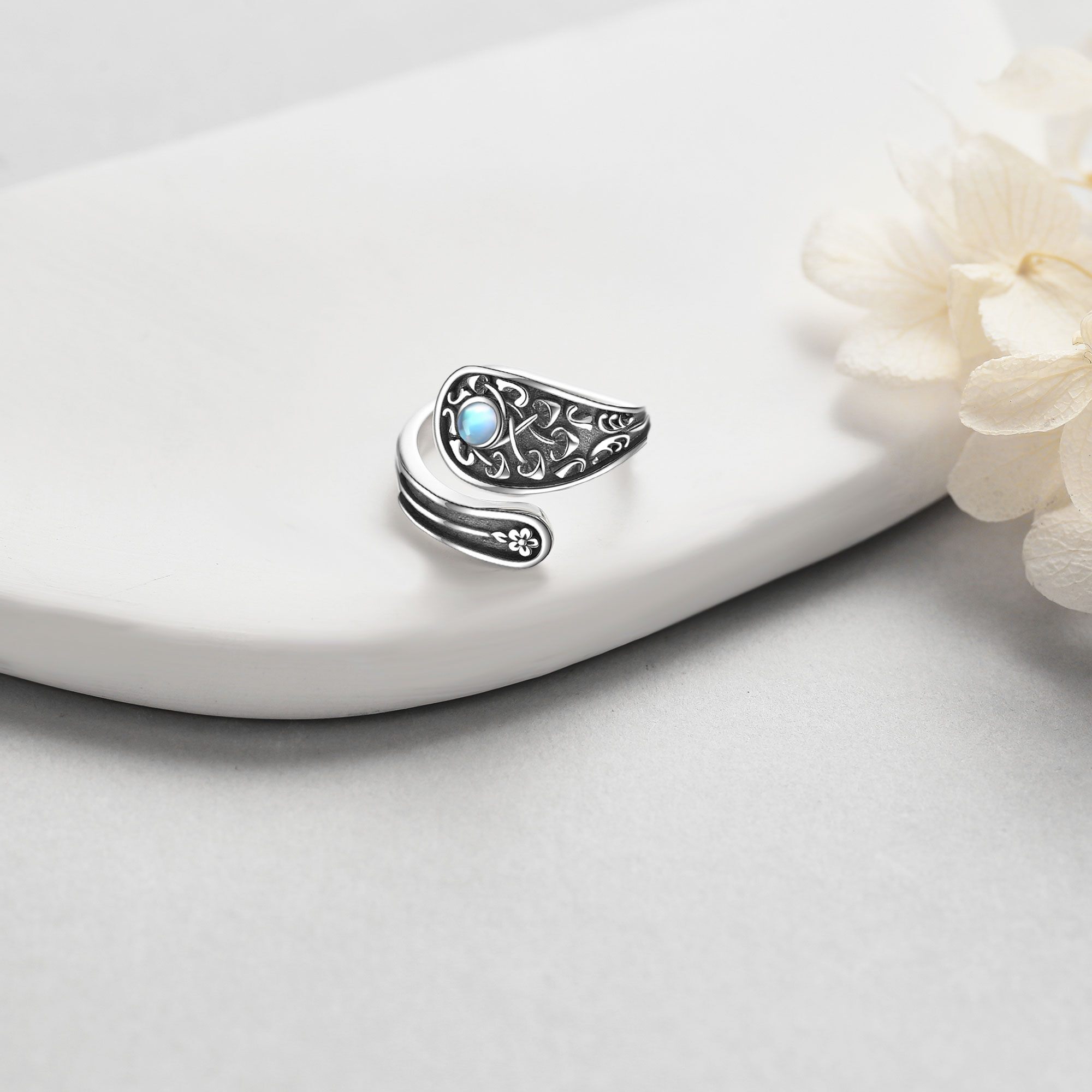 Mushroom Ring 925 Silver Moonstone Open Rings for Women